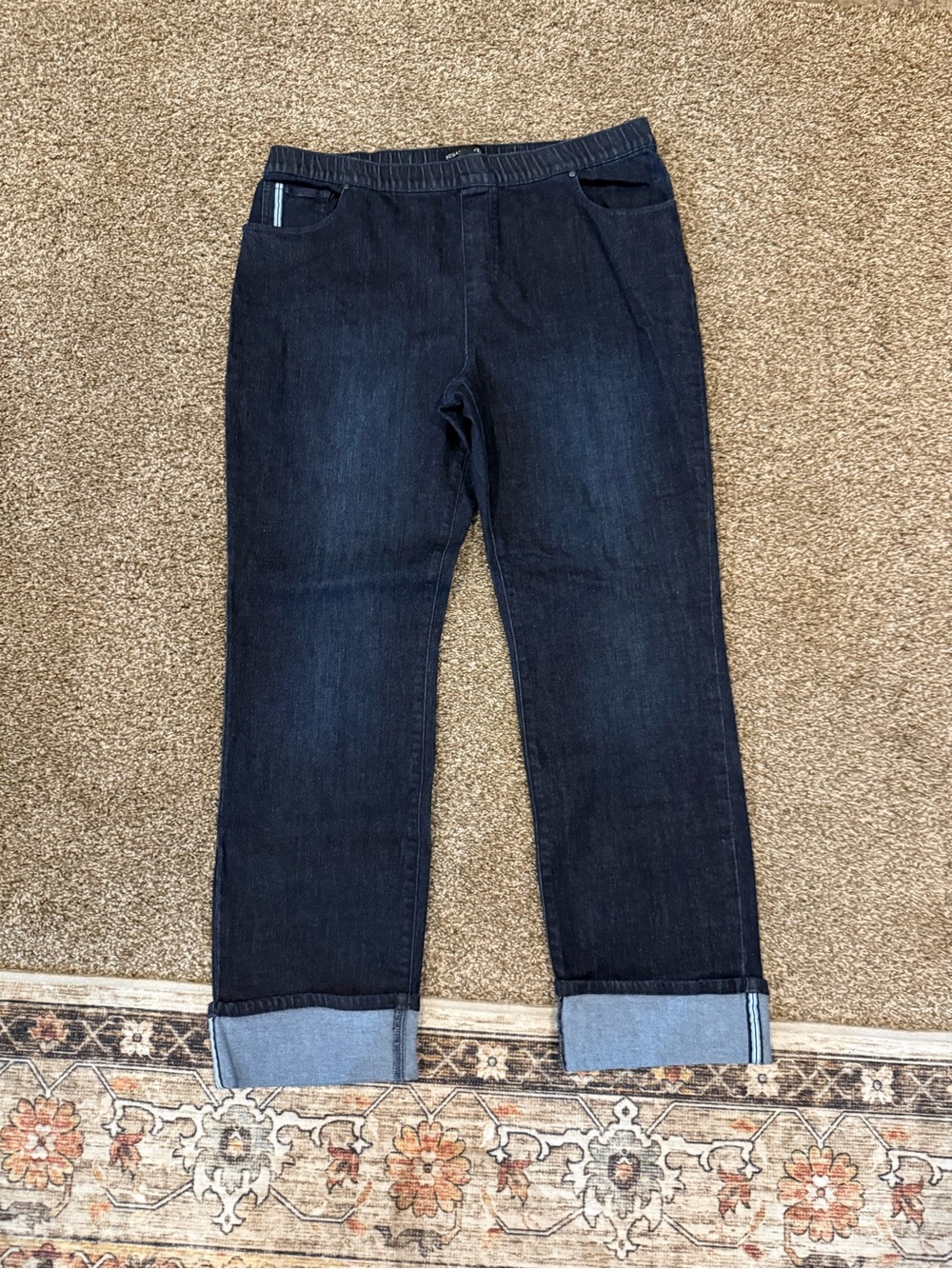 Susan Graver Dark Blue Straight Leg Jeans with Cuffed Hem